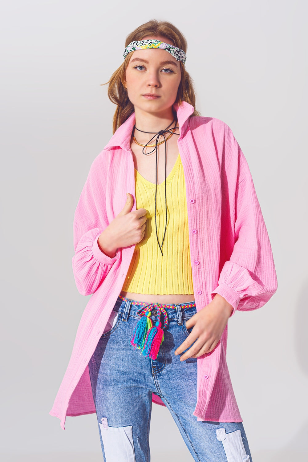 Camisa texturizada de corte holgado en rosa Q2