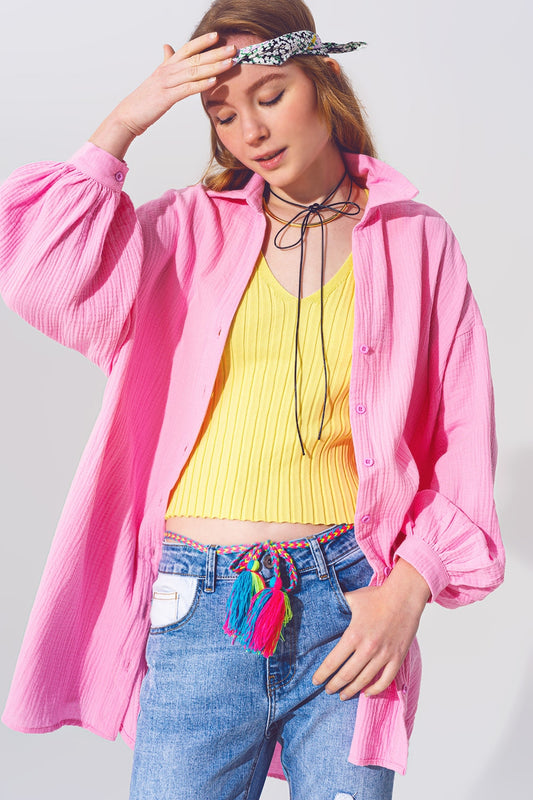 Q2 Camisa texturizada de corte holgado en rosa
