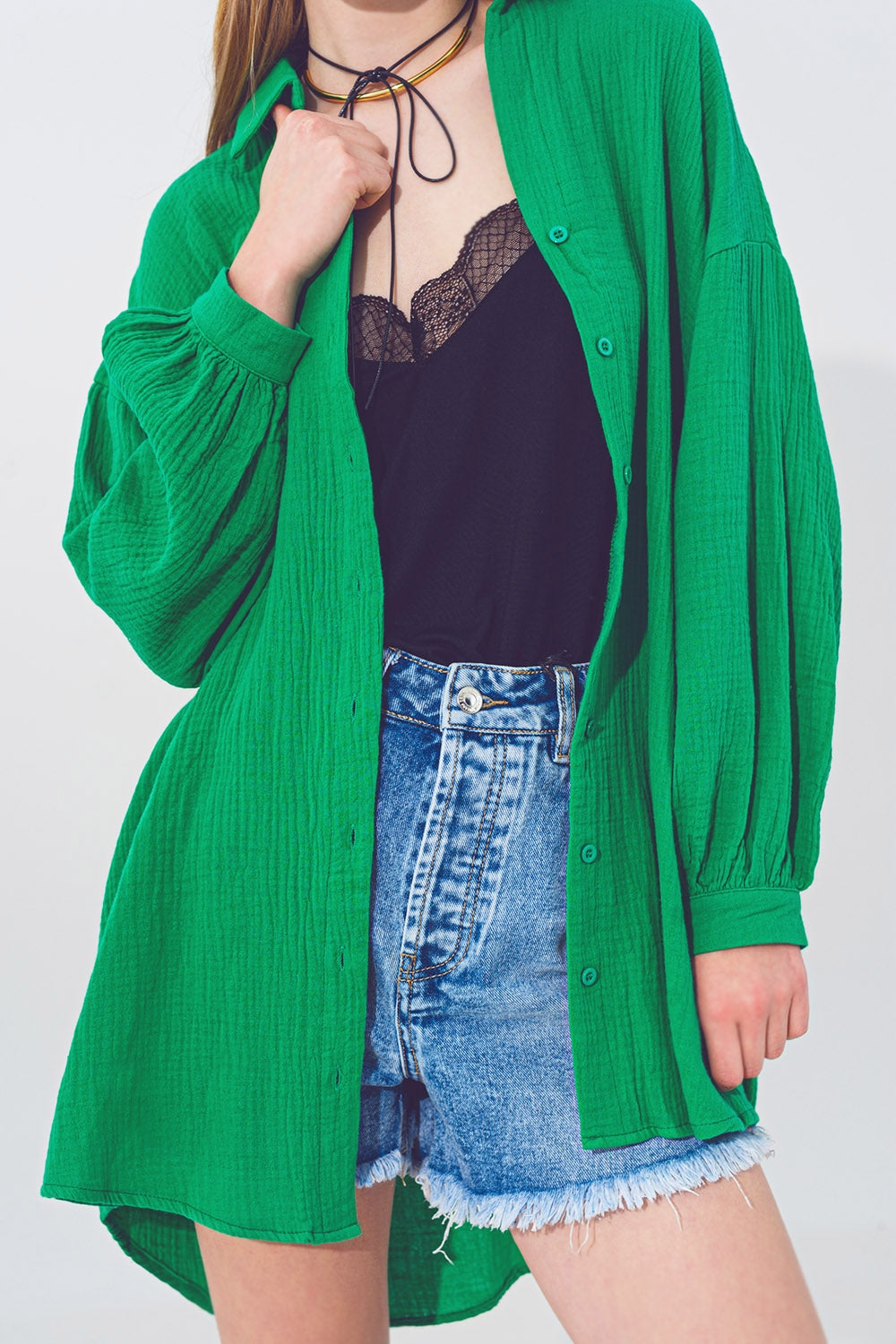 Camisa Texturizada  Extragrande de Corte Holgado en Verde Q2