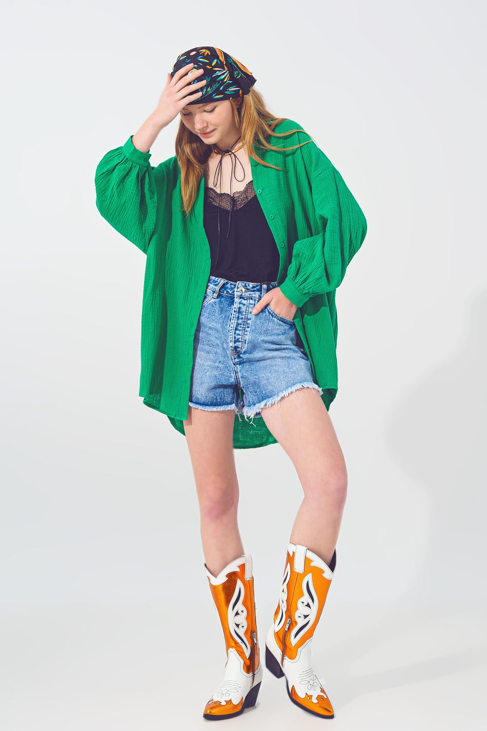 Camisa Texturizada  Extragrande de Corte Holgado en Verde Q2
