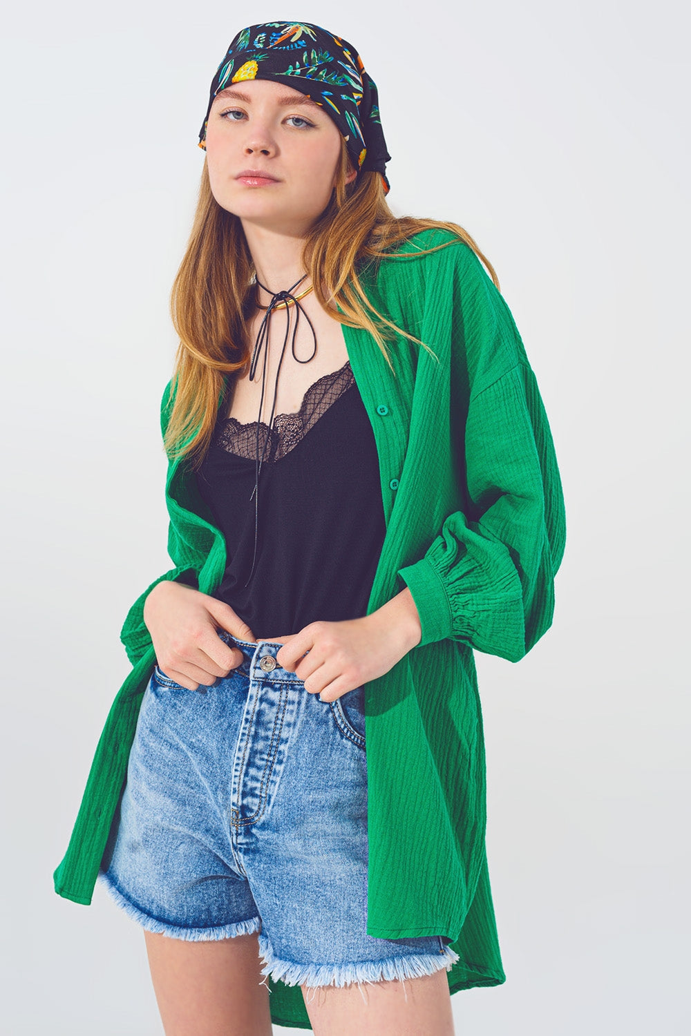 Camisa Texturizada  Extragrande de Corte Holgado en Verde Q2