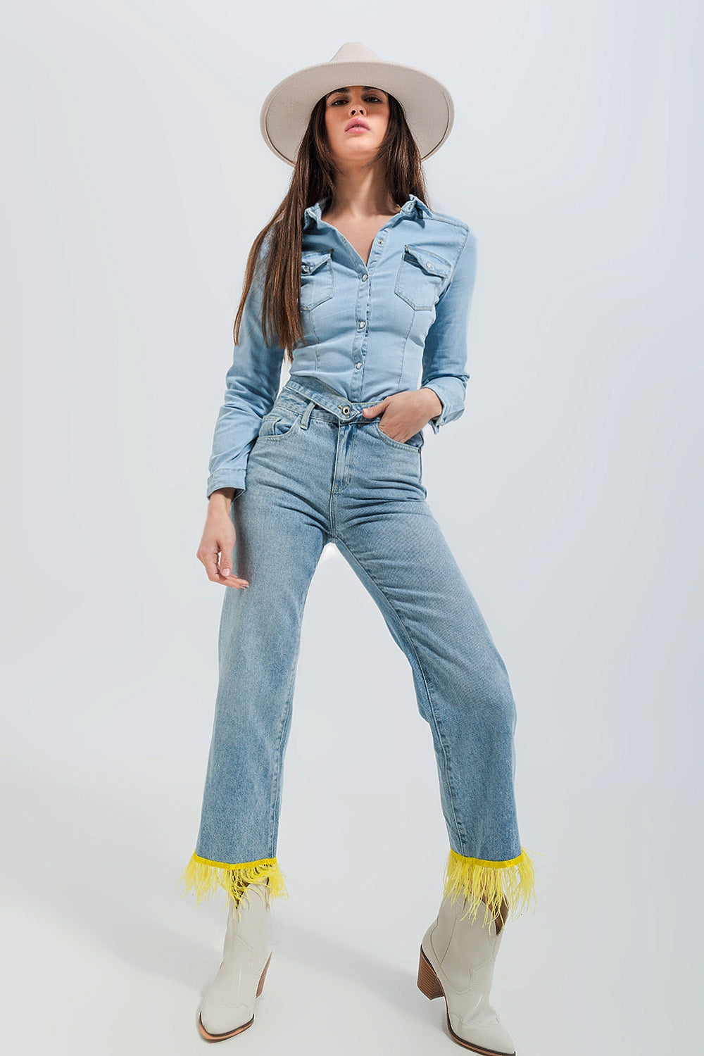 Camisa vaquera estilo western entallada con lavado azul claro Q2