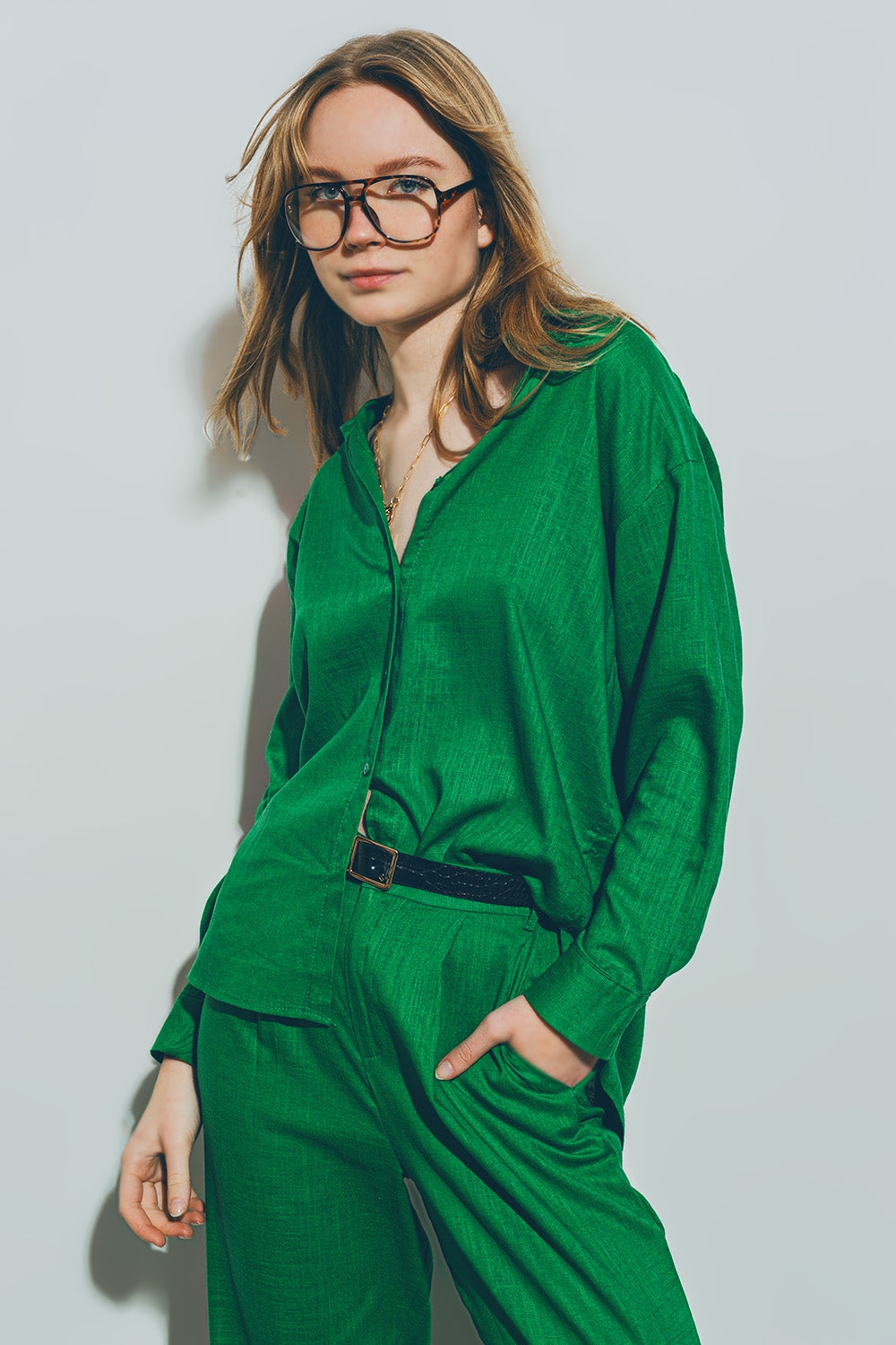 Camisa verde de algodon de Corte Holgado Q2