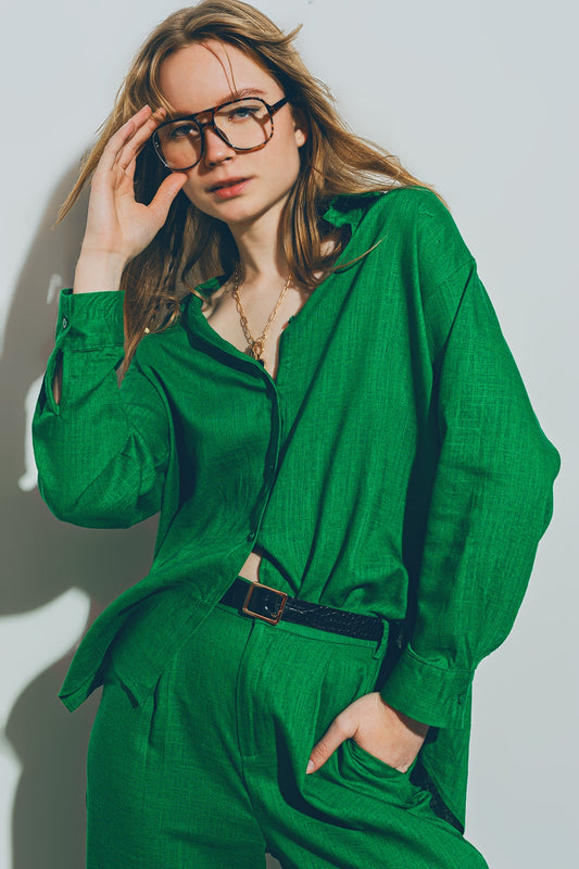 Q2 Camisa verde de algodon de Corte Holgado