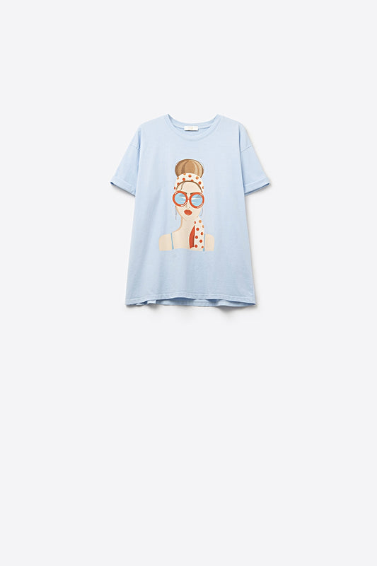 Q2 Camiseta azul hecha en Italia con un gráfico de niña vintage