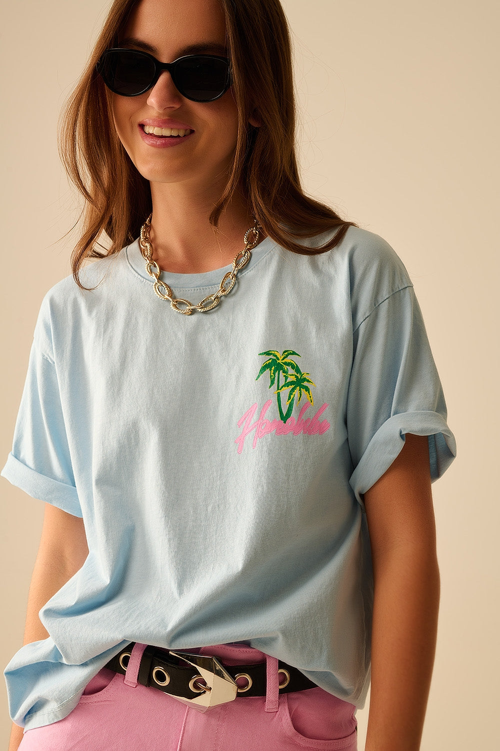 Camiseta azul made in Italy con gráfico Honolulu Q2