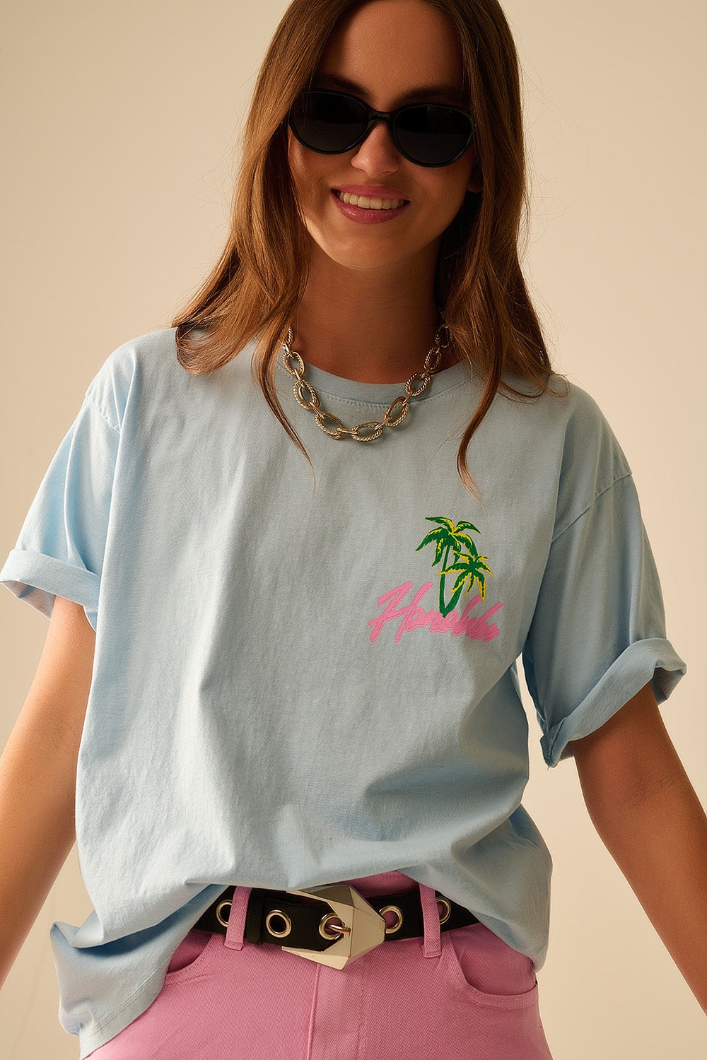 Camiseta azul made in Italy con gráfico Honolulu Q2
