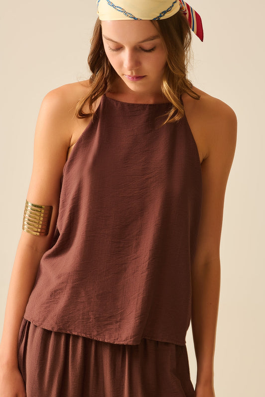 Q2 Camiseta básica de verano con cuello halter en marrón chocolate