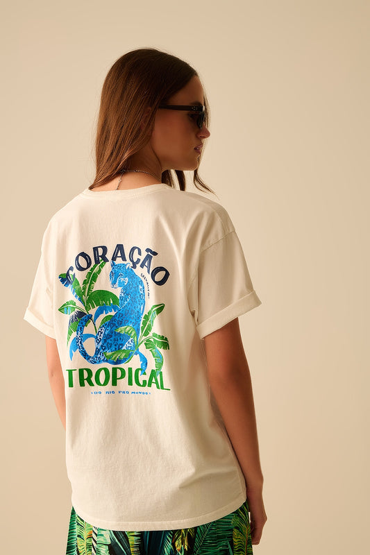 Q2 Camiseta blanca hecha en Italia con estampado gráfico tropical