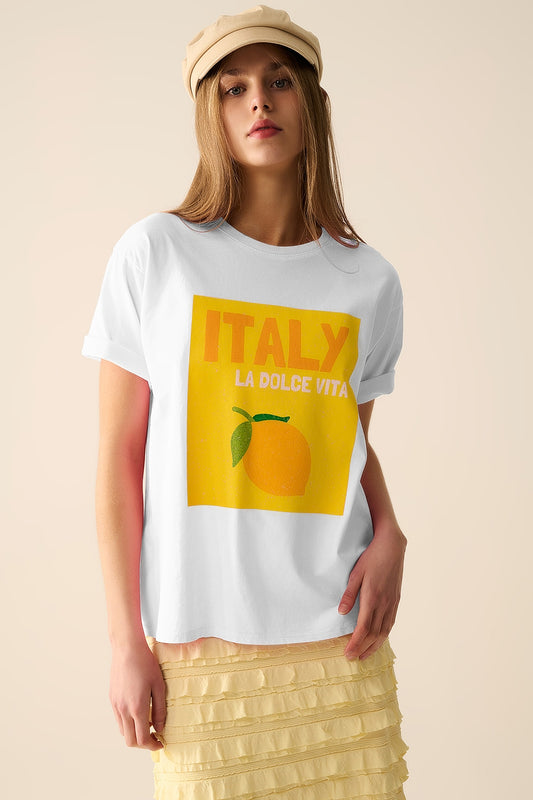 Q2 Camiseta blanca Italy Dolce Vita con estampado gráfico de limones
