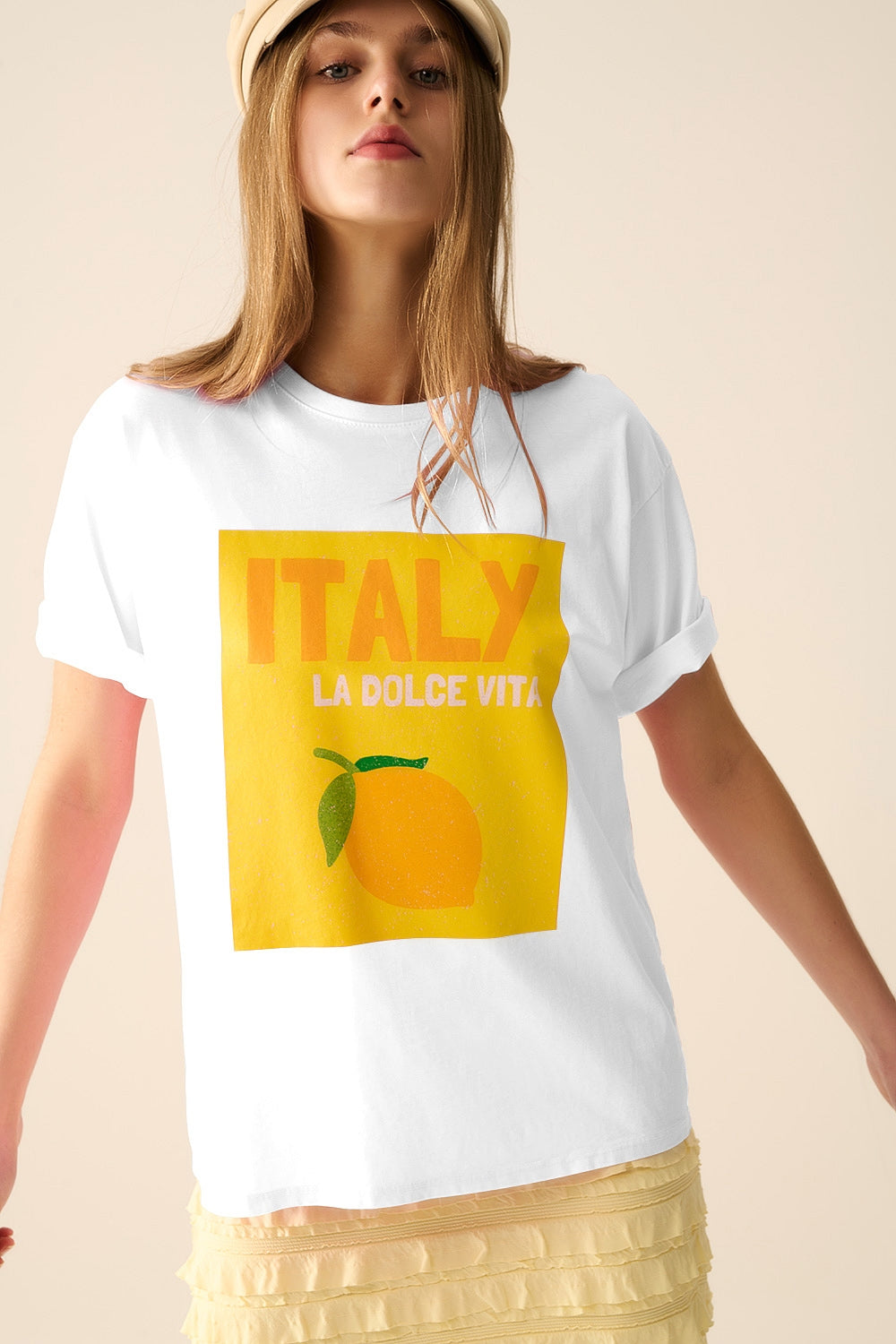 Camiseta blanca Italy Dolce Vita con estampado gráfico de limones Q2