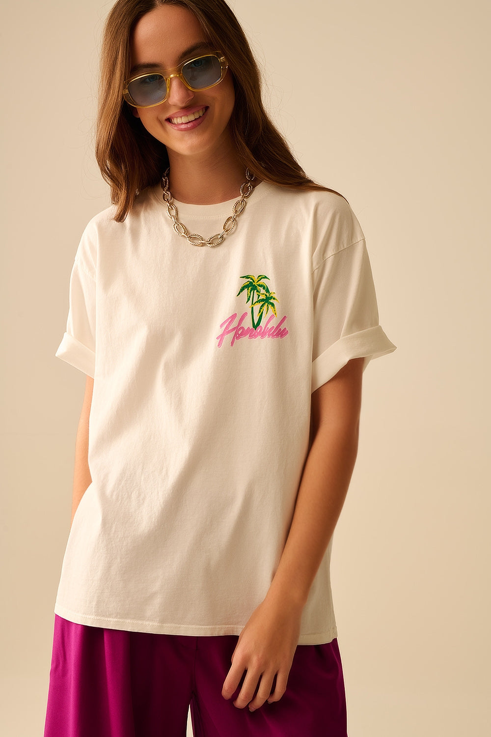 Camiseta blanca made in Italy con gráfico Honolulu Q2