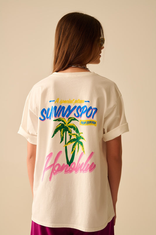 Q2 Camiseta blanca made in Italy con gráfico Honolulu