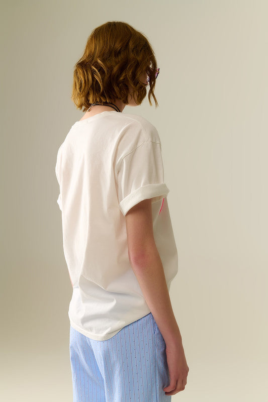 Camiseta Blanca París Relajada con Letras Rosas Q2