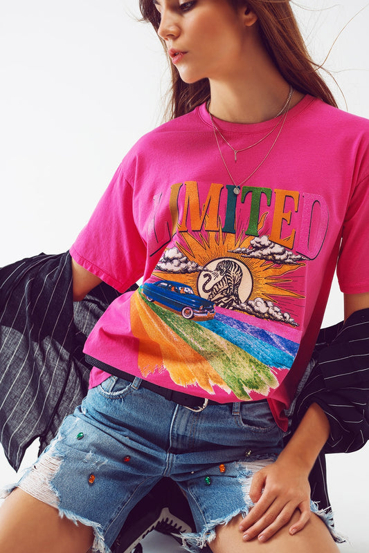 Q2 Camiseta con estampado gráfico limitado en Fucsia
