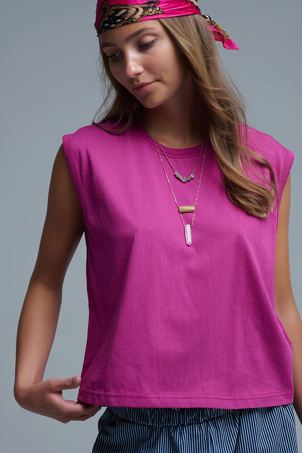 Camiseta de algodón sin mangas fucsia Q2