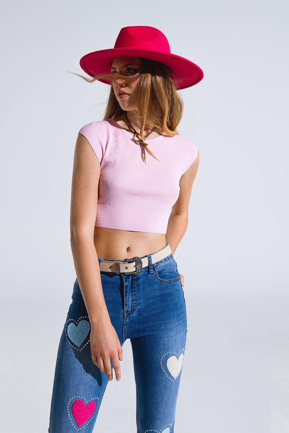 Camiseta de punto con mangas cortas en rosa Q2