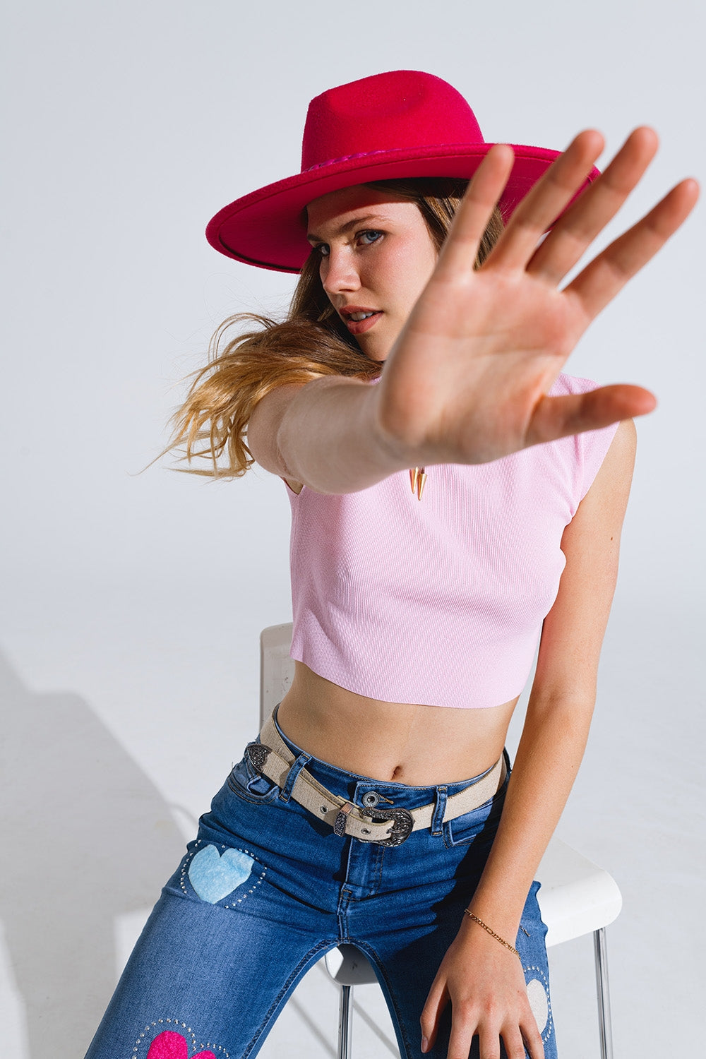 Camiseta de punto con mangas cortas en rosa Q2