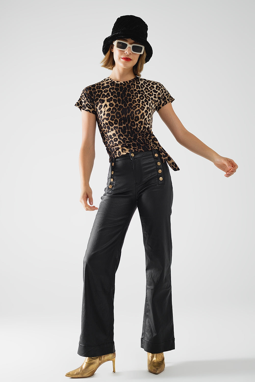Camiseta de Spandex con estampado de leopardo y detalle de lazo Q2