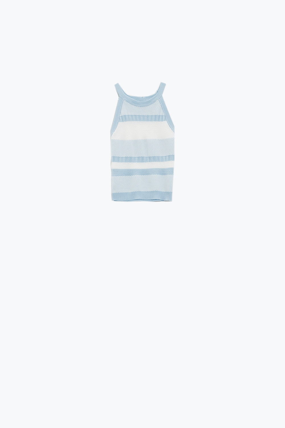 Q2 Camiseta de tirantes azul con diseño de rayas en diferentes tejidos