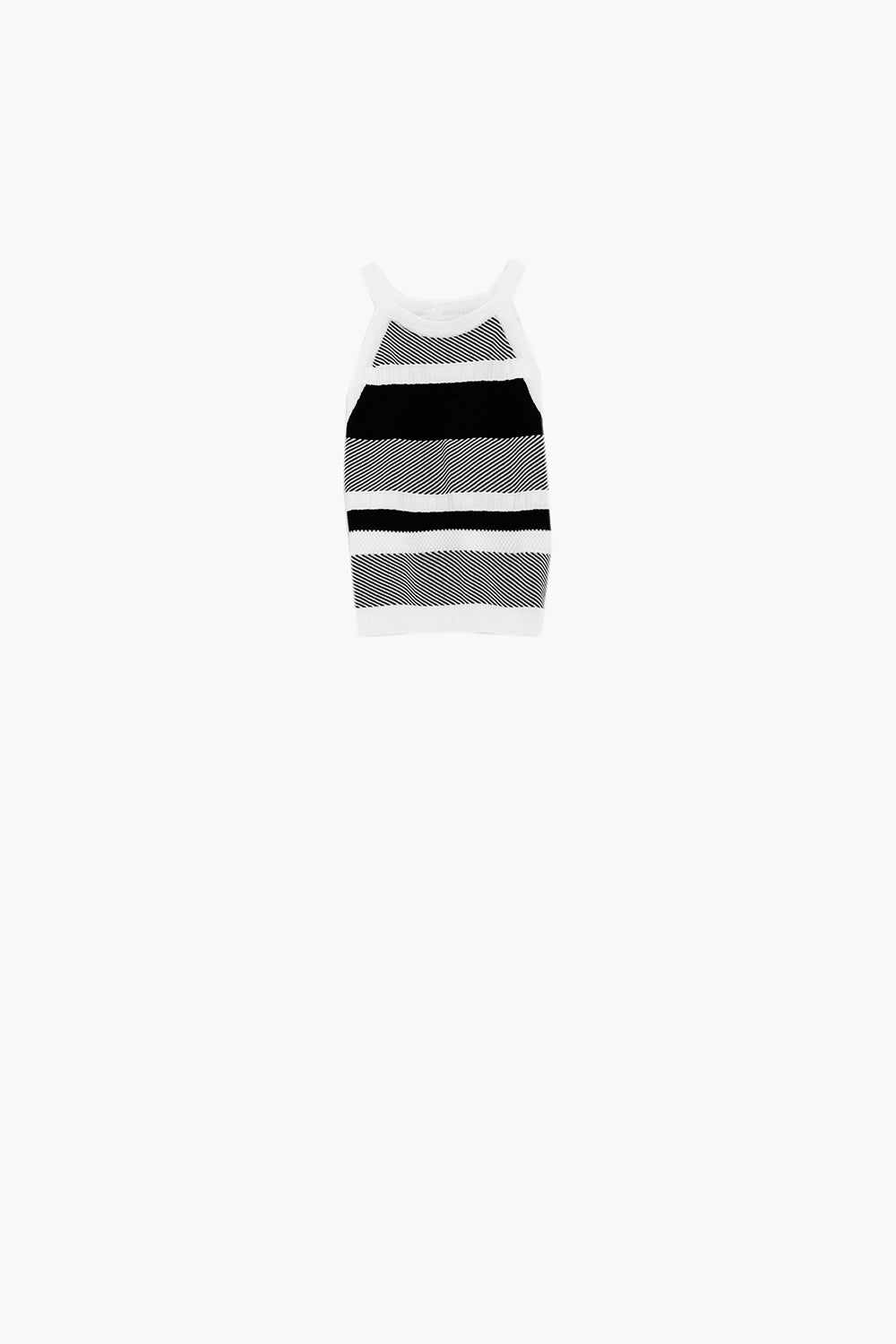 Q2 Camiseta de tirantes blanca y negra con diseño de rayas en diferentes tejidos