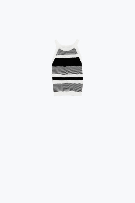 Q2 Camiseta de tirantes blanca y negra con diseño de rayas en diferentes tejidos
