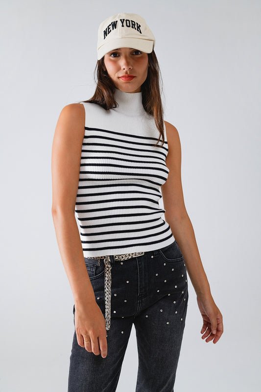 Q2 Camiseta De Tirantes Con Cuello De Tortuga A Rayas En Blanco