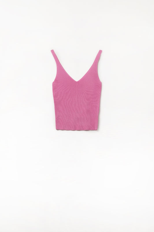 Q2 Camiseta de Tirantes de Punto Acanalado en Fucsia