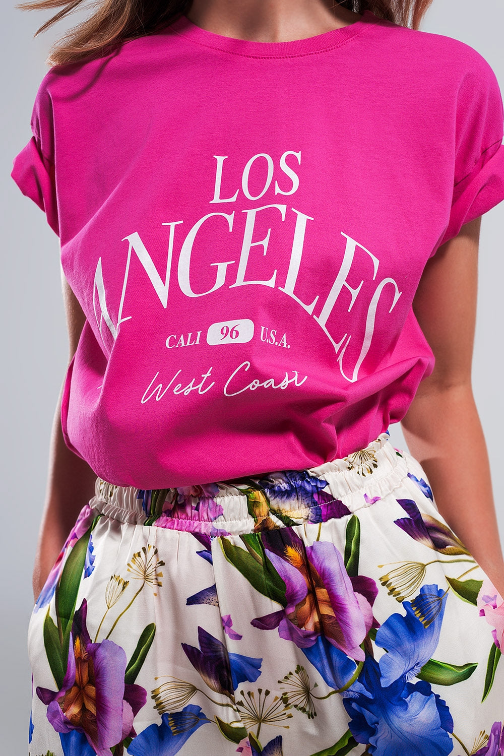 Camiseta fucsia con texto estampado Los Angeles Q2