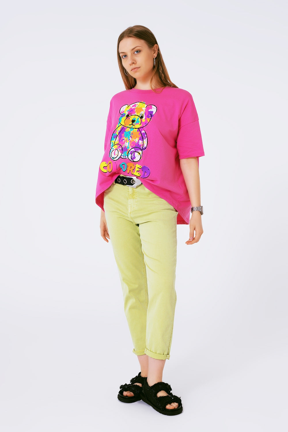 camiseta fuxia holgada con osito coloreado Q2