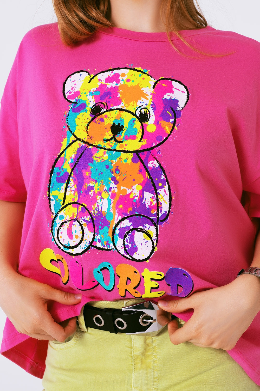 camiseta fuxia holgada con osito coloreado Q2
