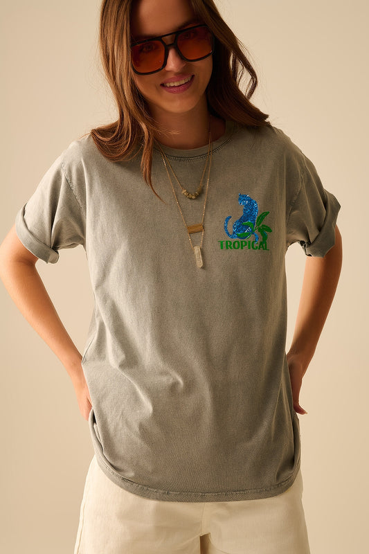 Q2 Camiseta gris hecha en Italia con estampado gráfico tropical