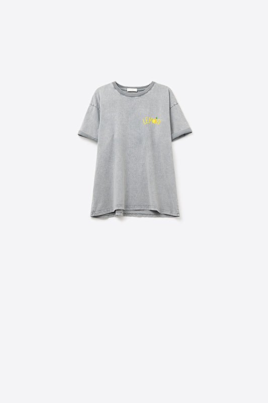 Q2 Camiseta gris lavada con gráfico de limón hecha en Italia