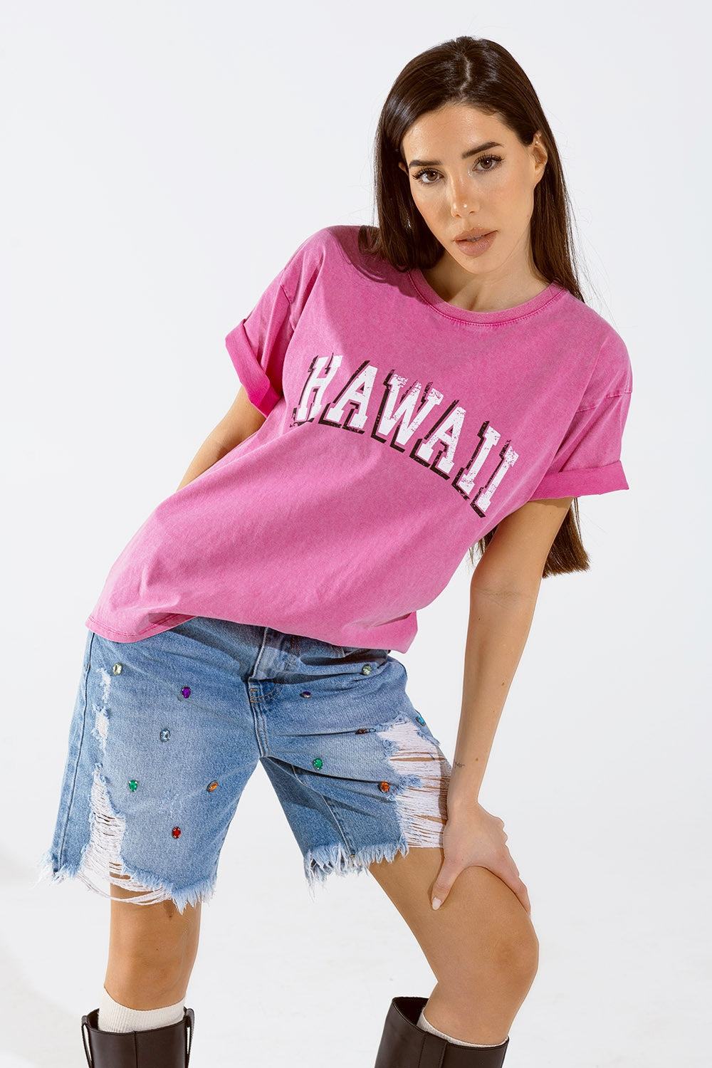 Camiseta Hawaii Efecto Lavado En Fuschia Q2