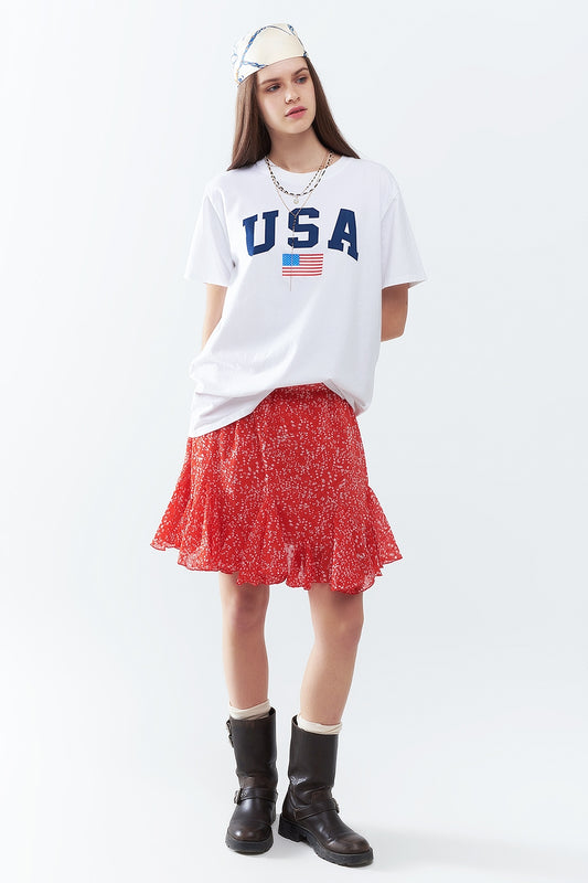 Q2 Camiseta larga holgada blanca con logotipo de USA