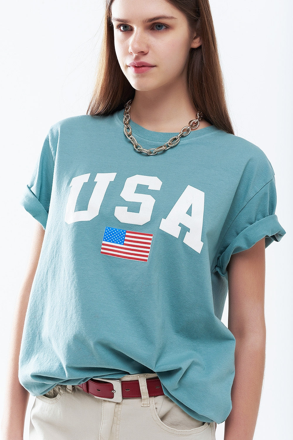 Camiseta larga suelta verde con logotipo de USA Q2