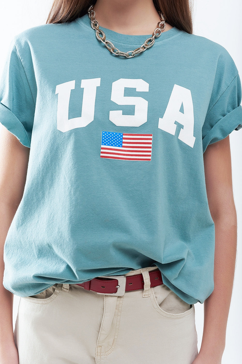 Camiseta larga suelta verde con logotipo de USA Q2