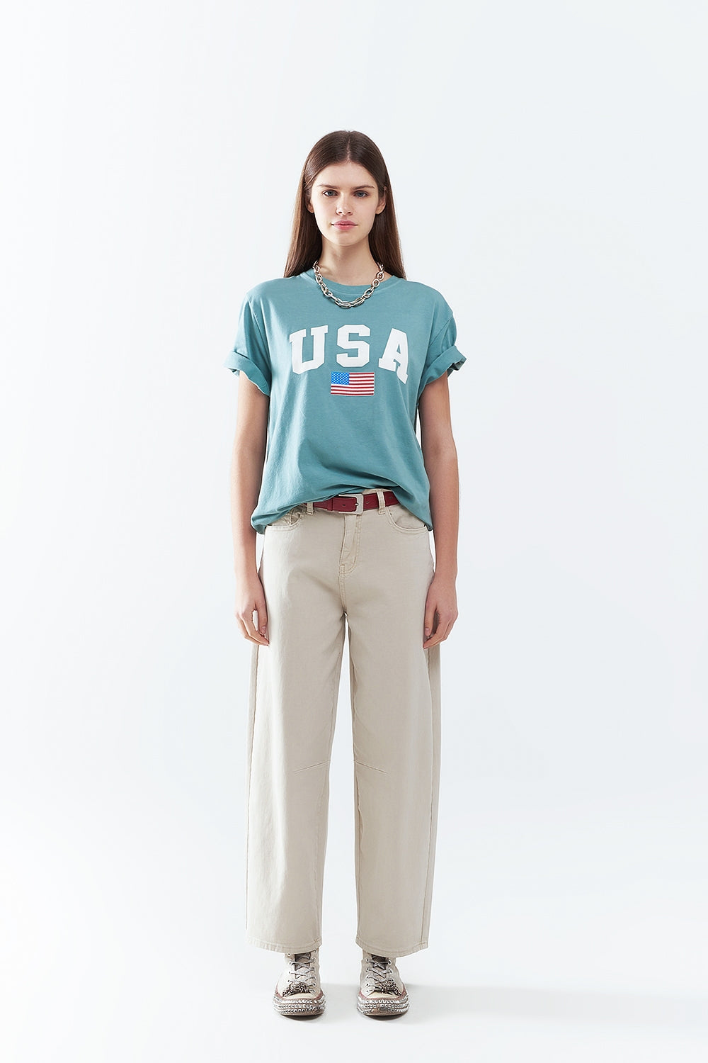 Camiseta larga suelta verde con logotipo de USA Q2