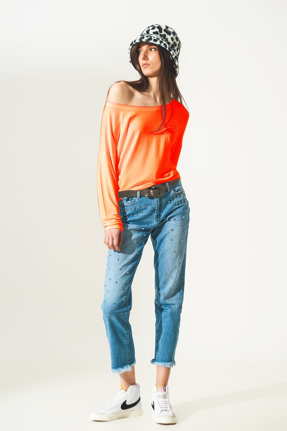 Camiseta naranja cuello barco de manga larga en modal Q2