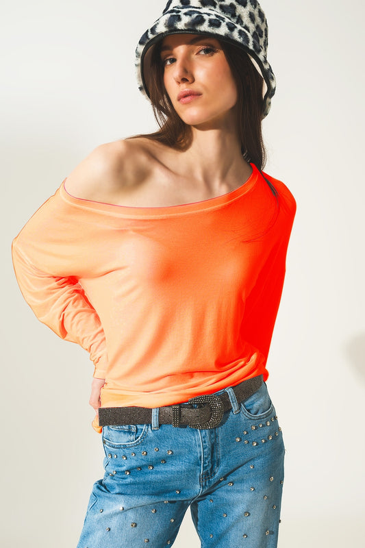 Q2 Camiseta naranja cuello barco de manga larga en modal