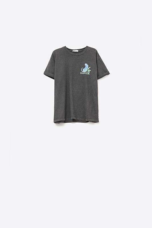 Q2 Camiseta negra hecha en Italia con estampado gráfico tropical
