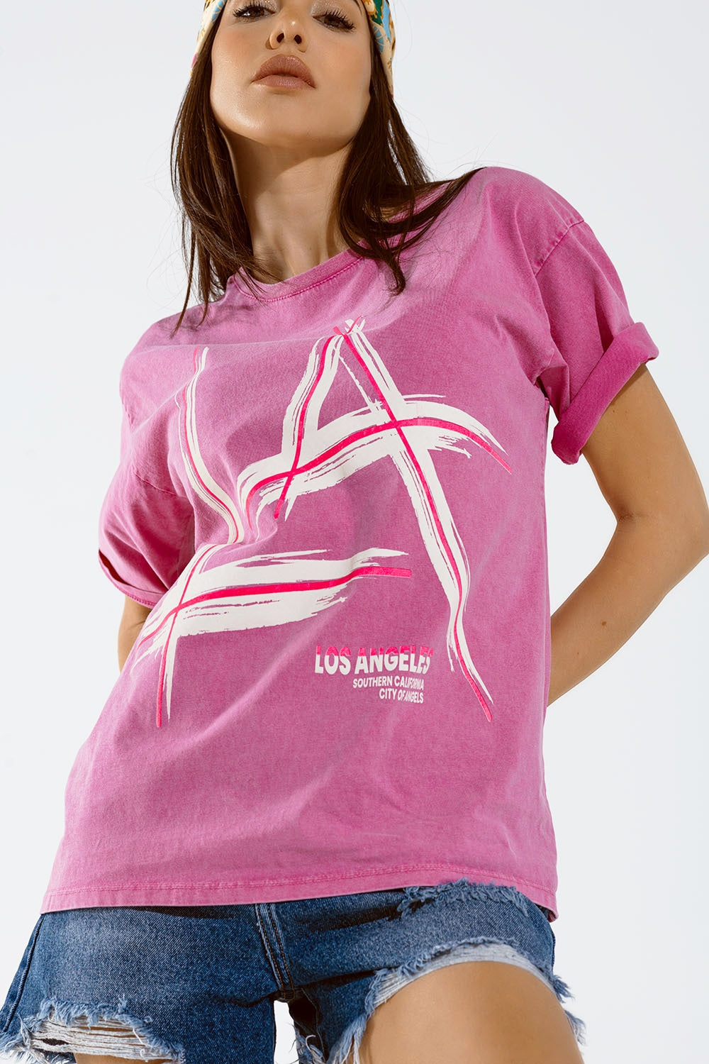 Camiseta oversize fucsia estampada LA Los Angeles en blanco y fucsia Q2