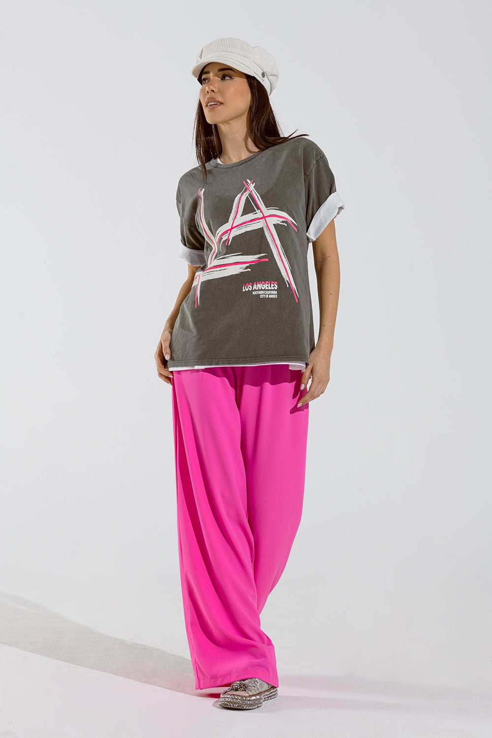 Camiseta oversize gris Estampados LA Los Angeles Los Angeles en rosa y blanco Q2