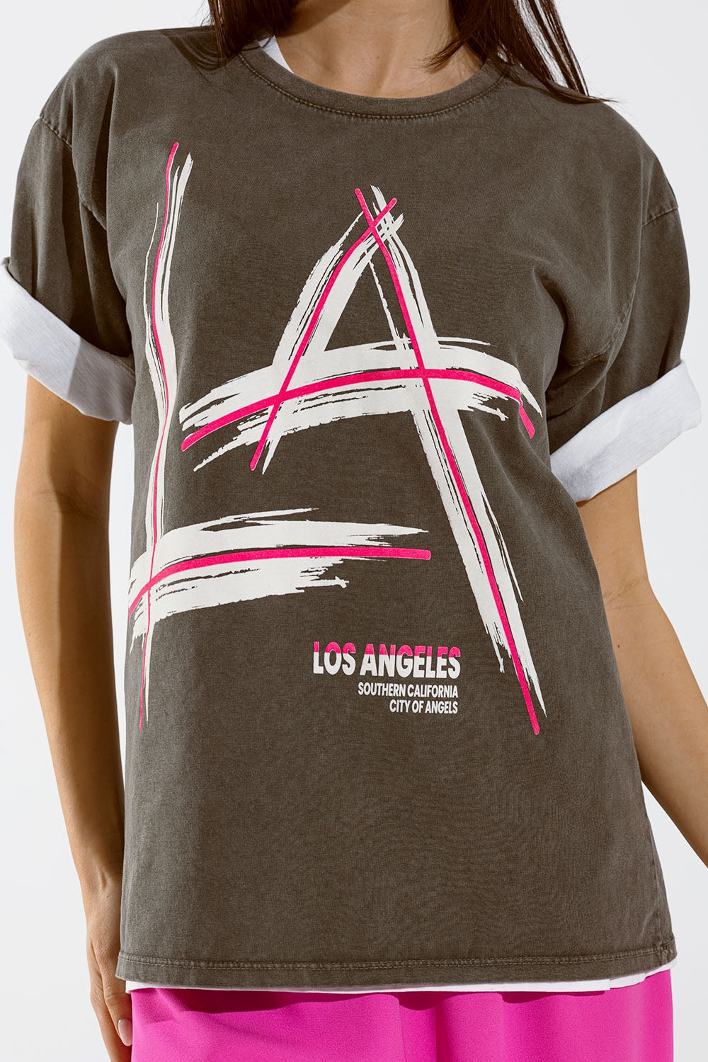 Camiseta oversize gris Estampados LA Los Angeles Los Angeles en rosa y blanco Q2