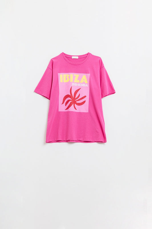 Q2 Camiseta relajada Ibiza Bohemia fucsia con estampado rosa