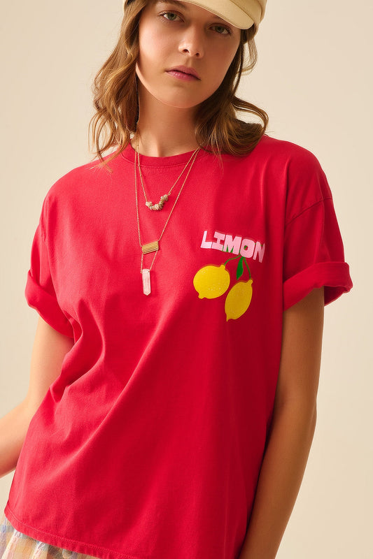 Camiseta relajada roja con estampado de limones made in Italy Q2