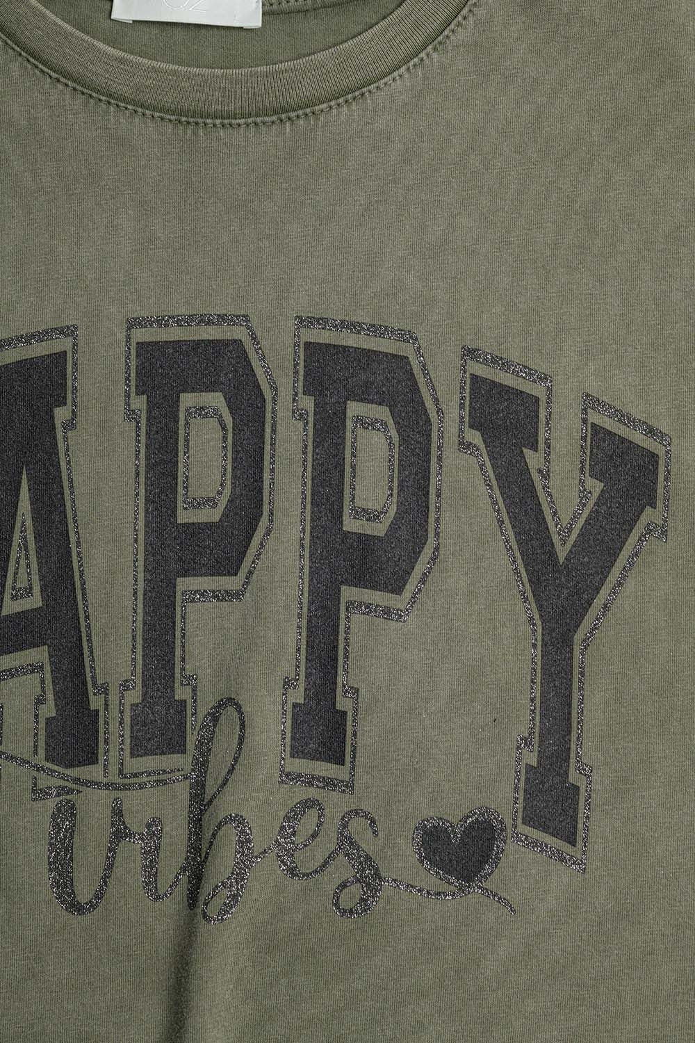Camiseta relax Happy Vibes Graphic verde caqui lavado Q2