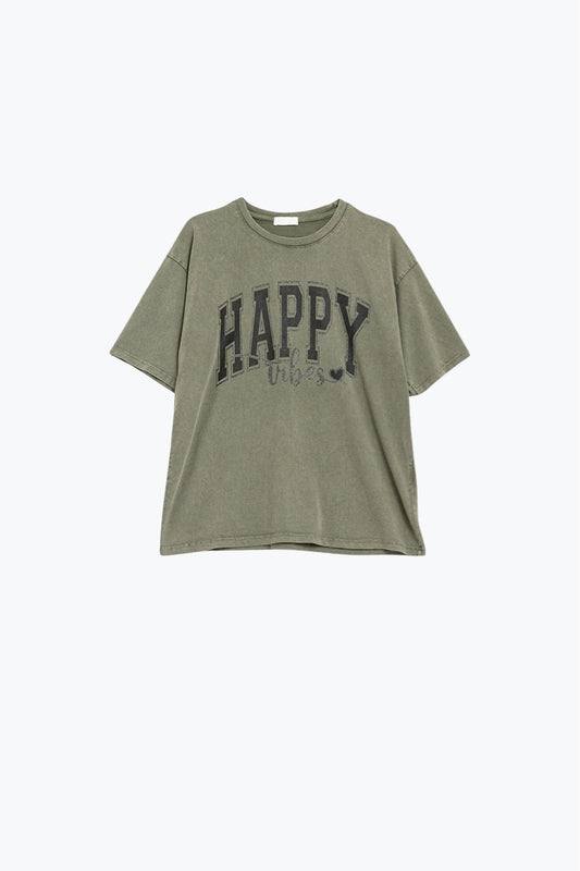 Q2 Camiseta relax Happy Vibes Graphic verde caqui lavado