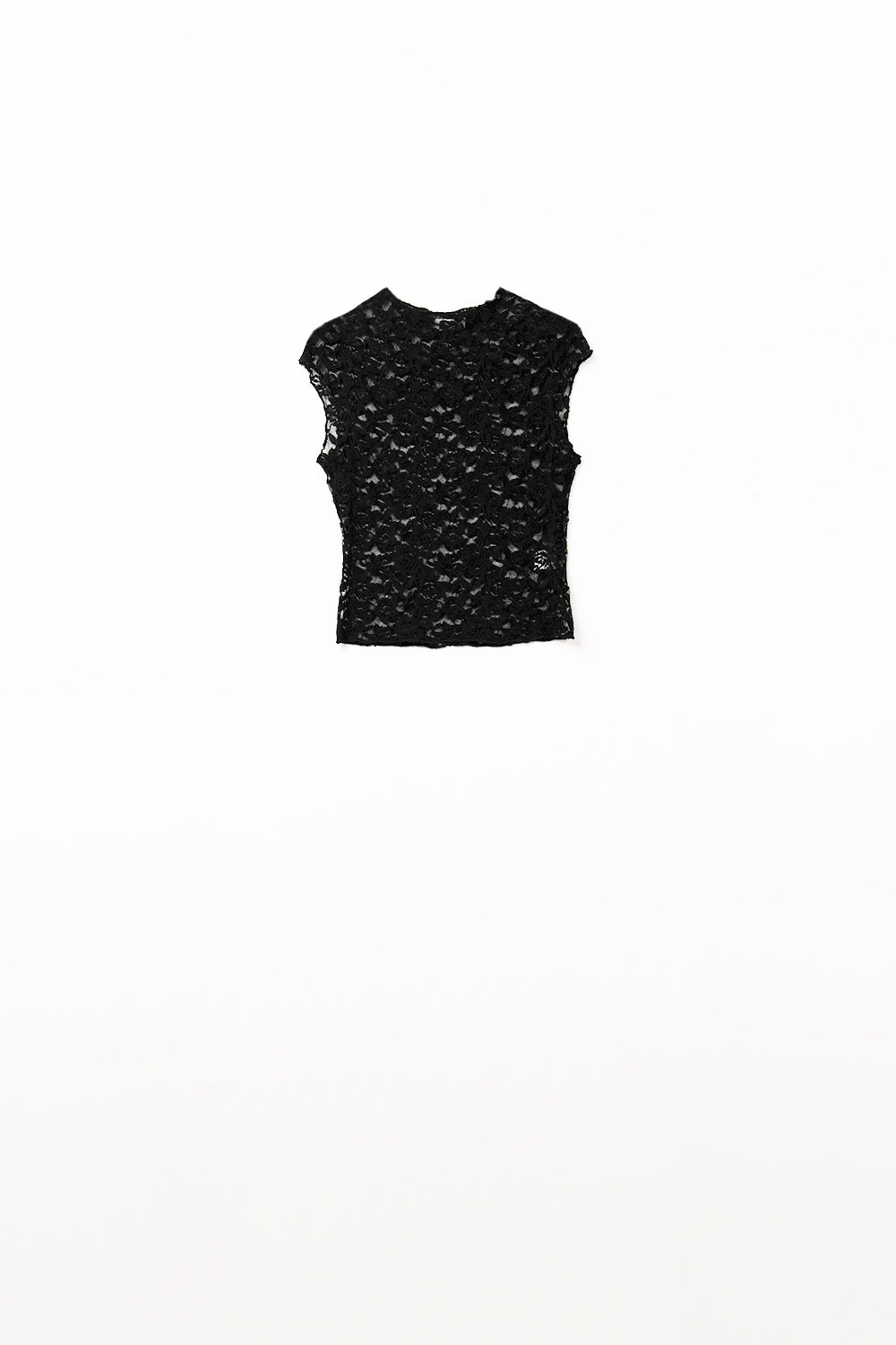 Camiseta romántica de encaje con mangas casquillo en negro Q2