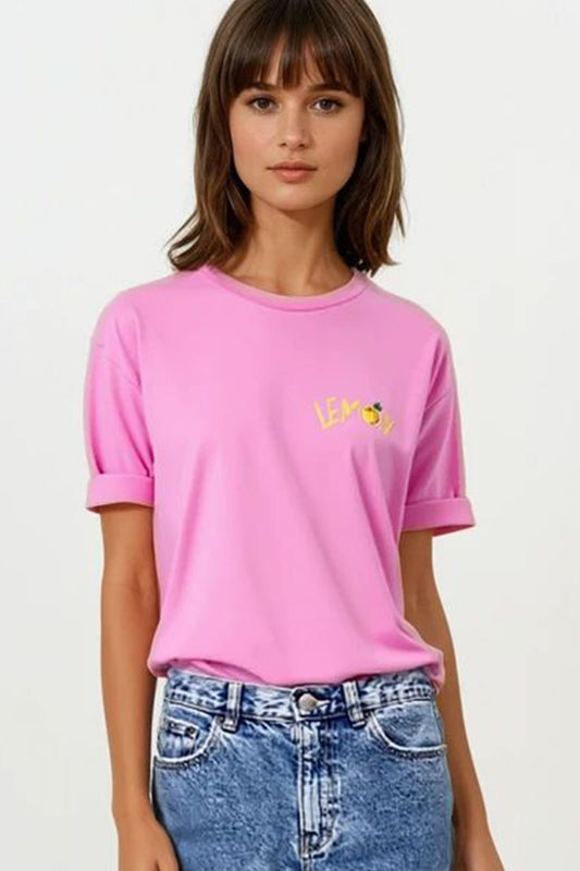 Q2 Camiseta rosa con gráfico de limón hecha en Italia